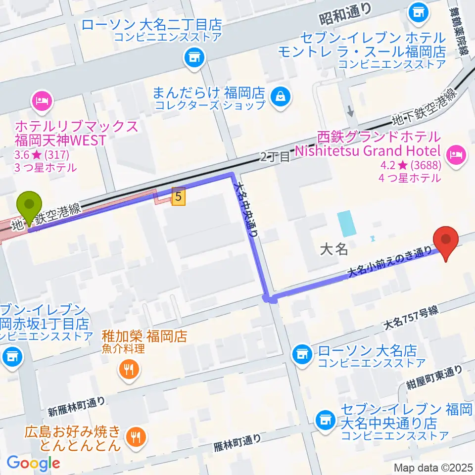 赤坂駅から福岡天神ROOMSへのルートマップ地図
