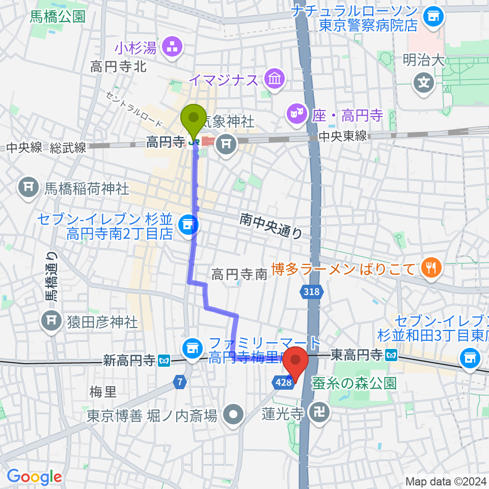 高円寺駅からセシオン杉並へのルートマップ地図