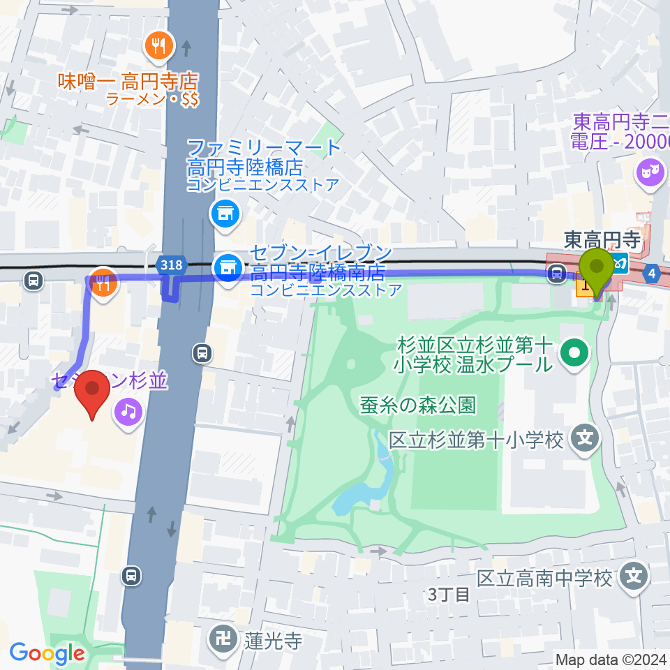 セシオン杉並の最寄駅東高円寺駅からの徒歩ルート（約6分）地図