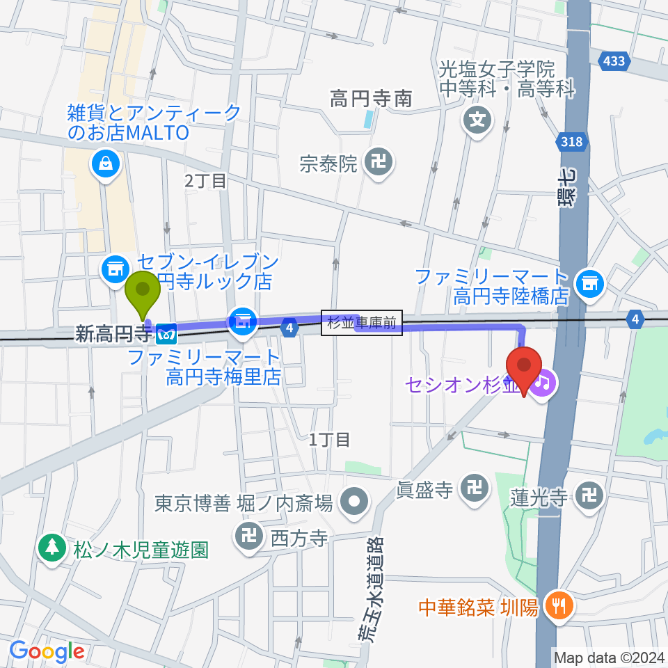 新高円寺駅からセシオン杉並へのルートマップ地図