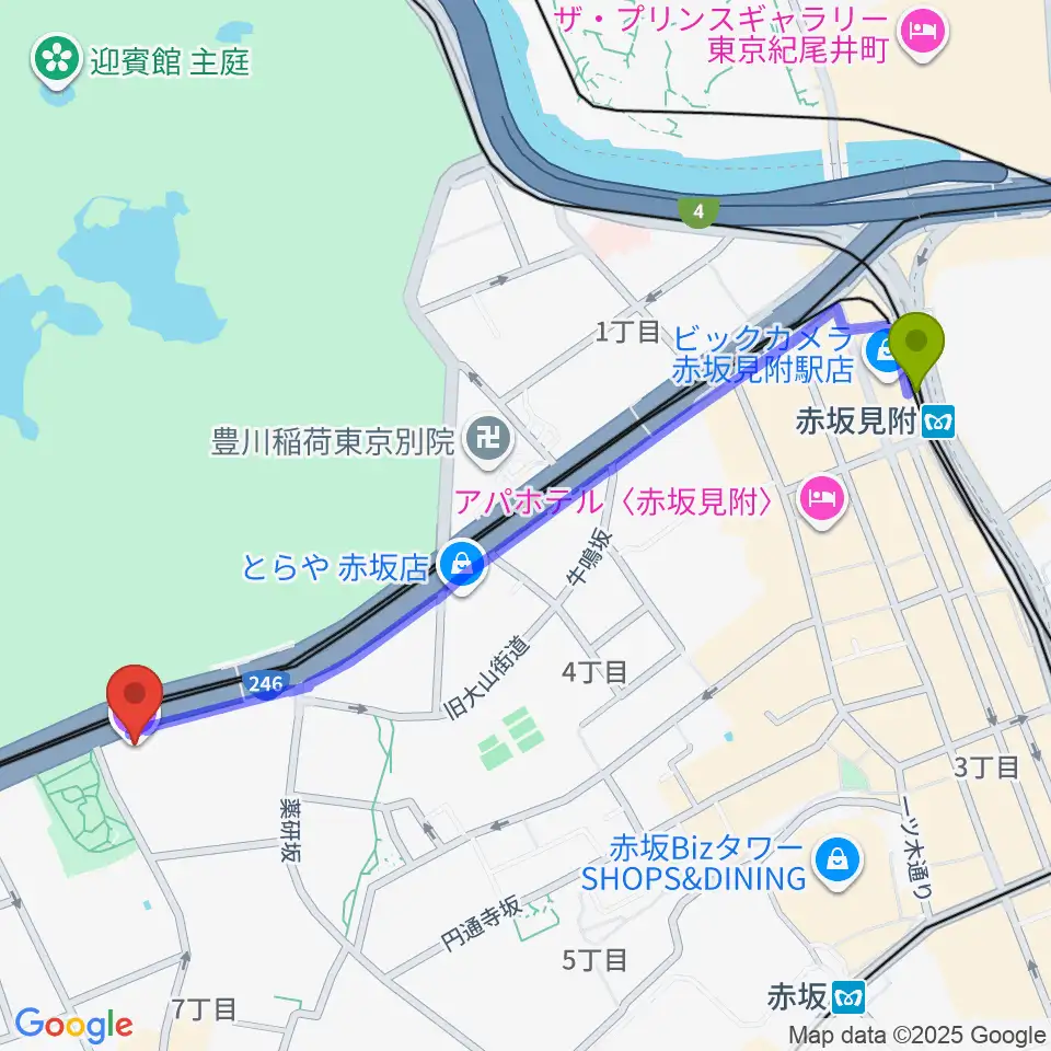 赤坂見附駅から草月会館 草月ホールへのルートマップ地図