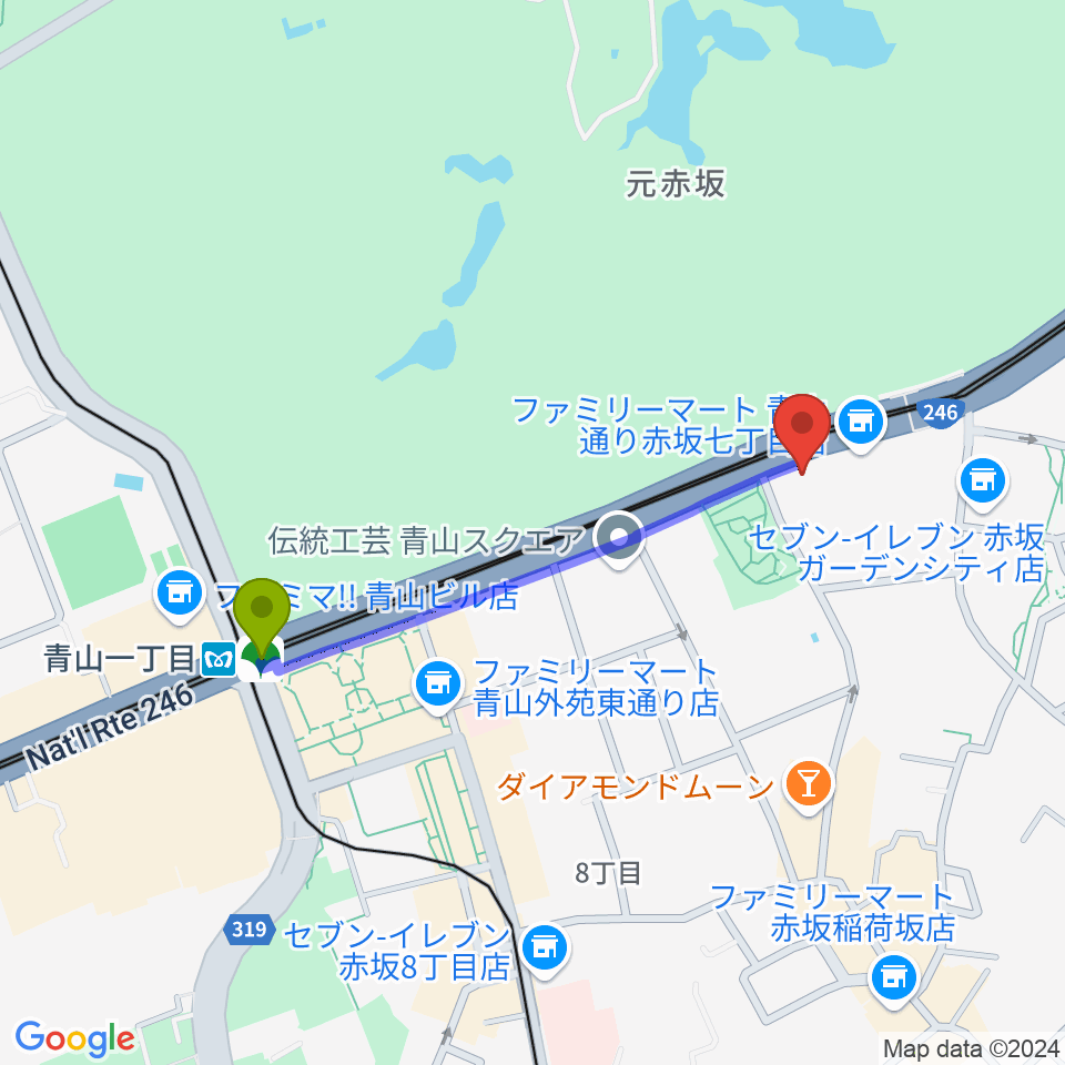 草月会館 草月ホールの最寄駅青山一丁目駅からの徒歩ルート（約8分）地図