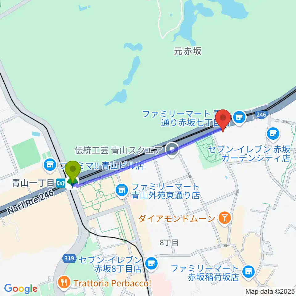 草月会館 草月ホールの最寄駅青山一丁目駅からの徒歩ルート（約8分）地図