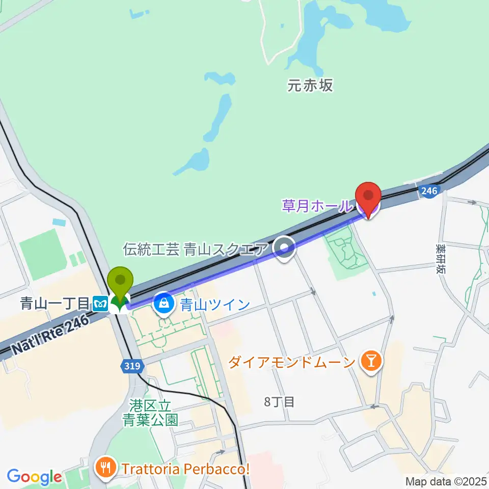 草月会館 草月ホールの最寄駅青山一丁目駅からの徒歩ルート（約8分）地図