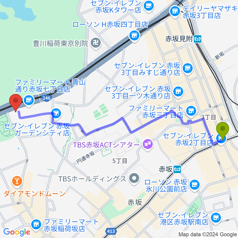 赤坂駅から草月会館 草月ホールへのルートマップ地図