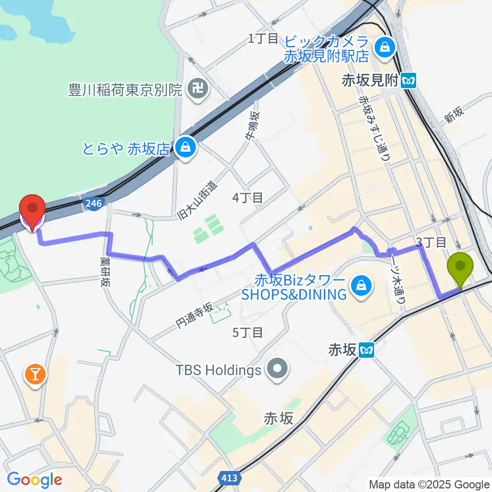 赤坂駅から草月会館 草月ホールへのルートマップ地図