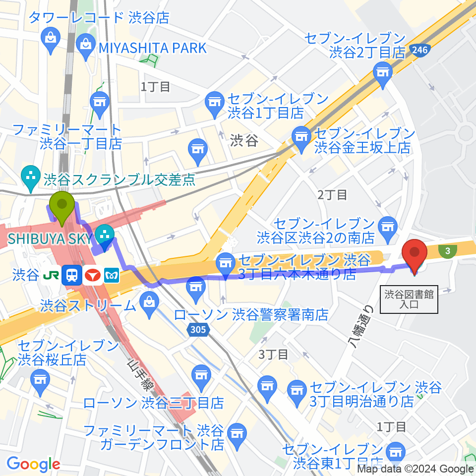 ベルサール渋谷ファーストの最寄駅渋谷駅からの徒歩ルート（約12分）地図