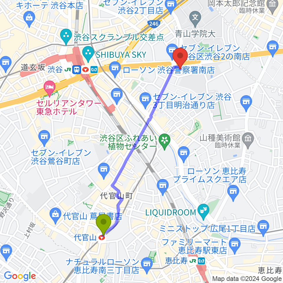 代官山駅からベルサール渋谷ファーストへのルートマップ地図