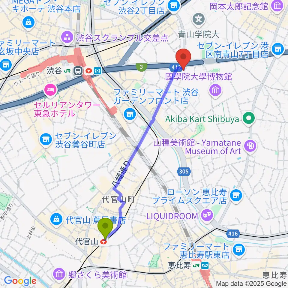 代官山駅からベルサール渋谷ファーストへのルートマップ地図