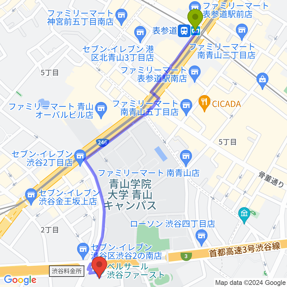 表参道駅からベルサール渋谷ファーストへのルートマップ地図