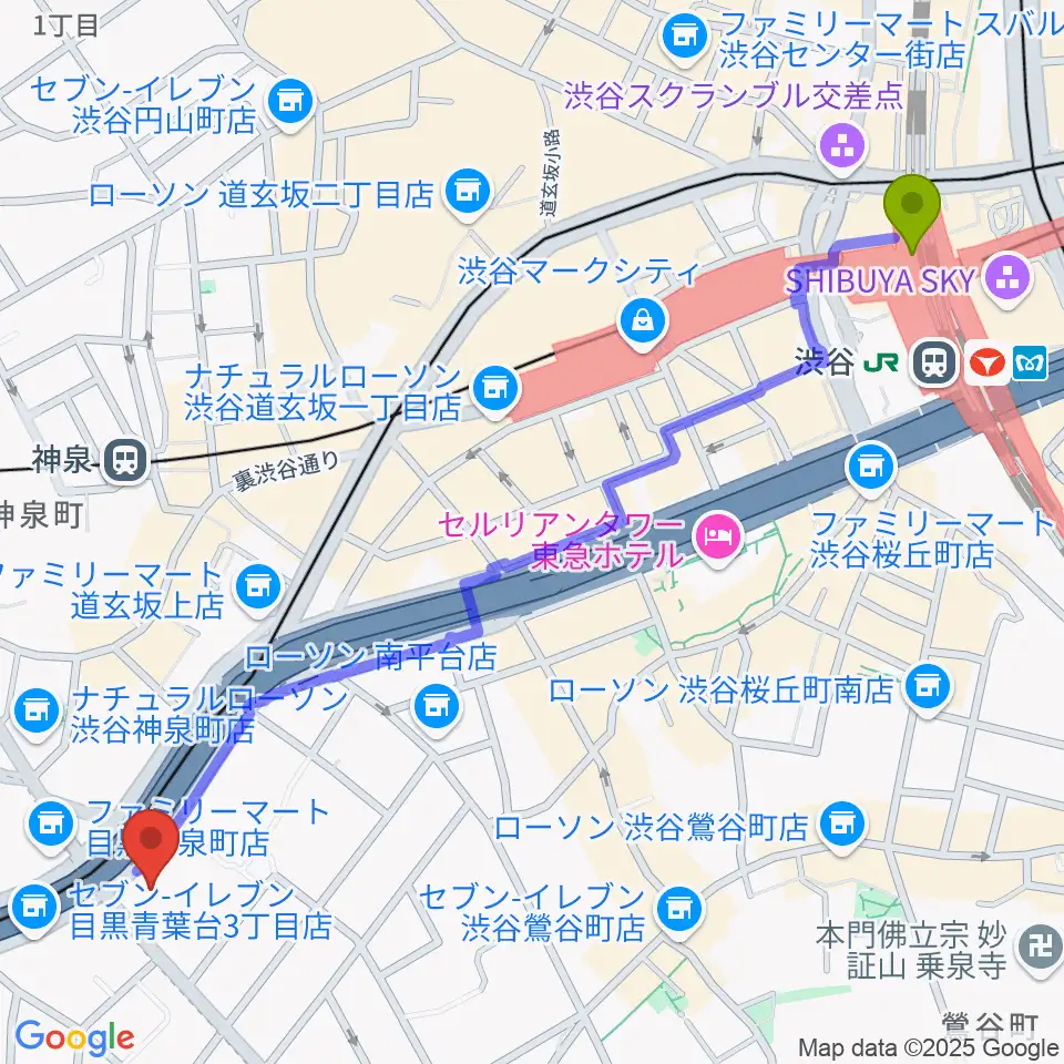 渋谷駅からベルサール渋谷ガーデンへのルートマップ地図