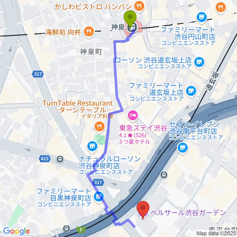 ベルサール渋谷ガーデンの最寄駅神泉駅からの徒歩ルート（約6分）地図