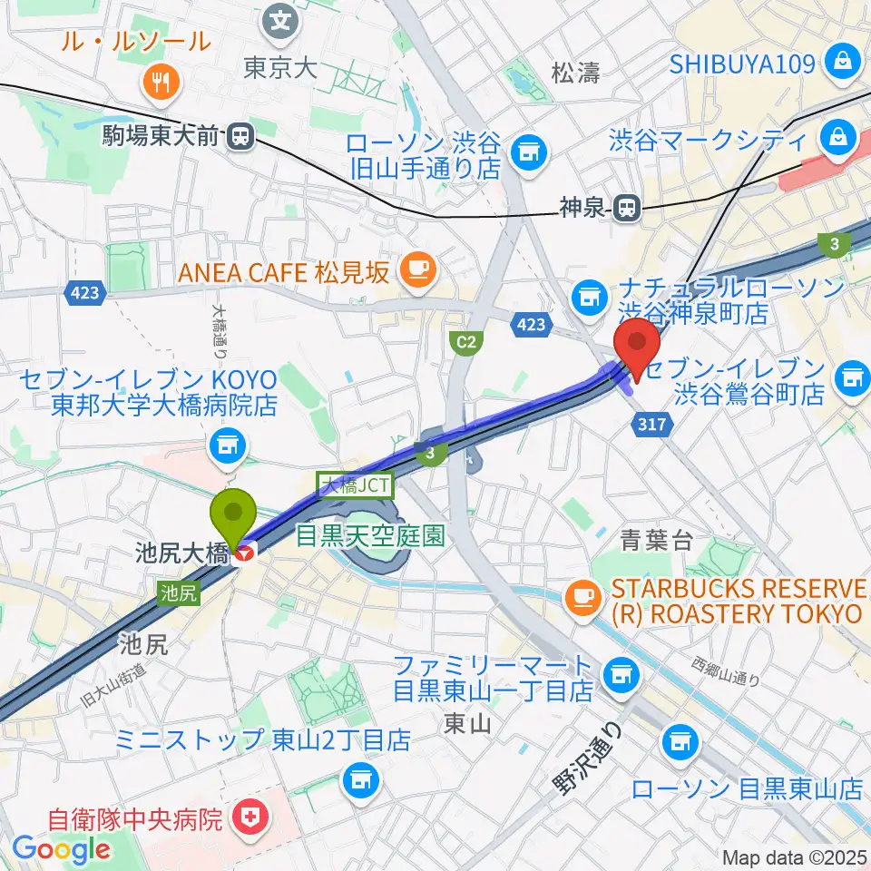 池尻大橋駅からベルサール渋谷ガーデンへのルートマップ地図
