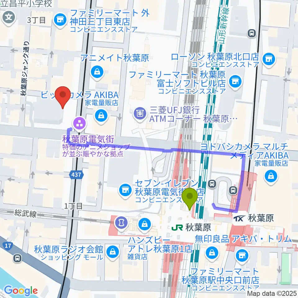 ベルサール秋葉原の最寄駅秋葉原駅からの徒歩ルート（約4分）地図