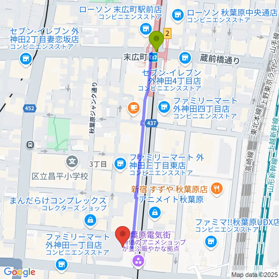 末広町駅からベルサール秋葉原へのルートマップ地図