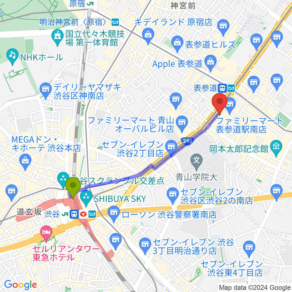 渋谷駅から表参道スパイラルホールへのルートマップ地図