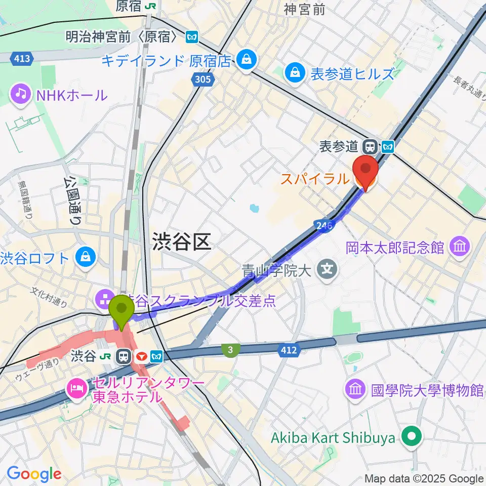 渋谷駅から表参道スパイラルホールへのルートマップ地図