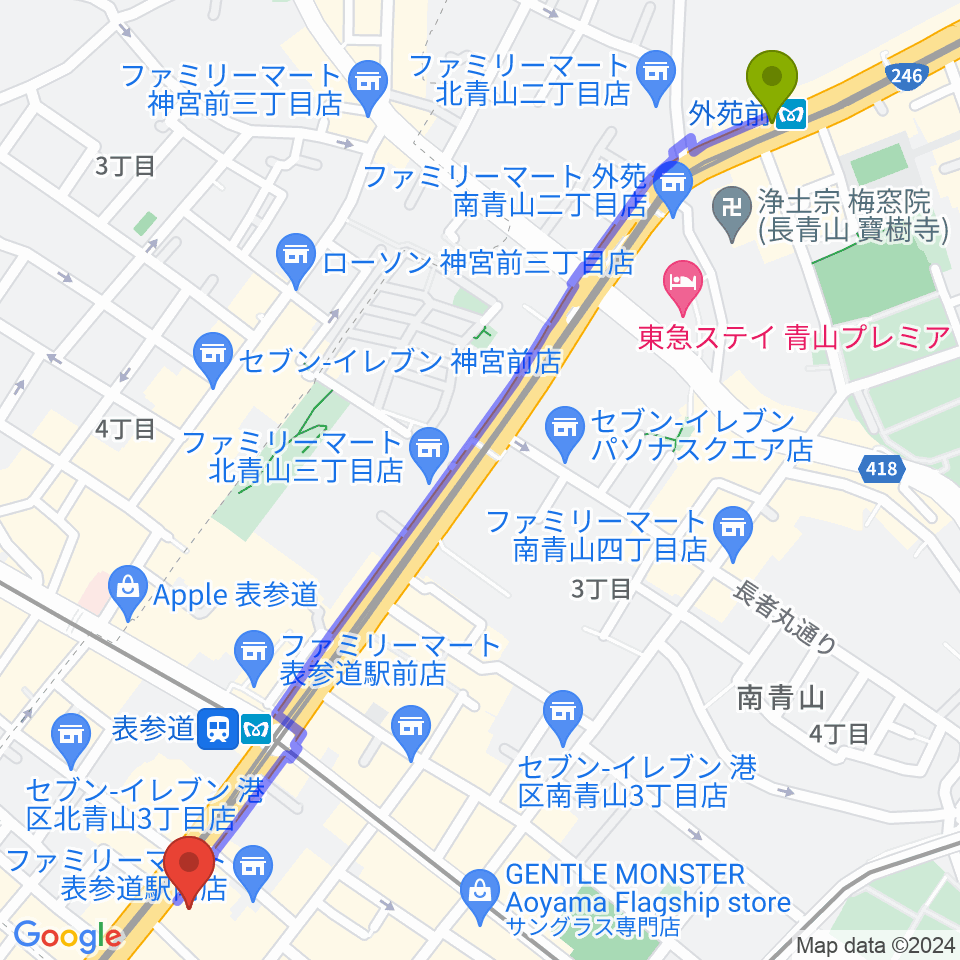 外苑前駅から表参道スパイラルホールへのルートマップ地図
