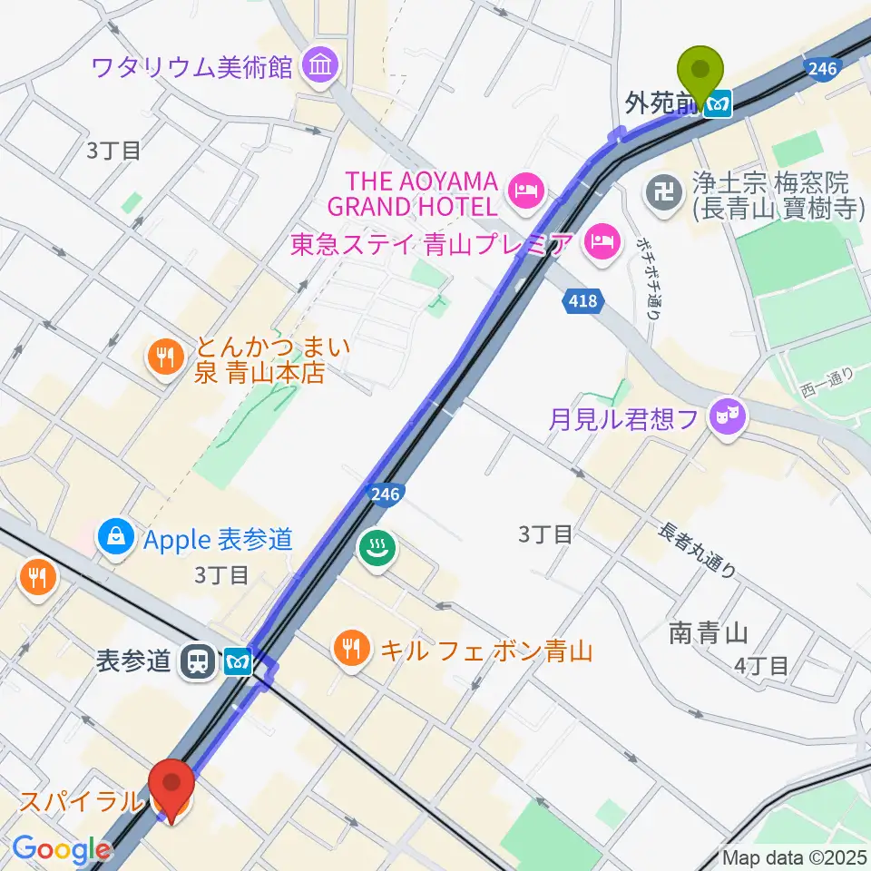 外苑前駅から表参道スパイラルホールへのルートマップ地図