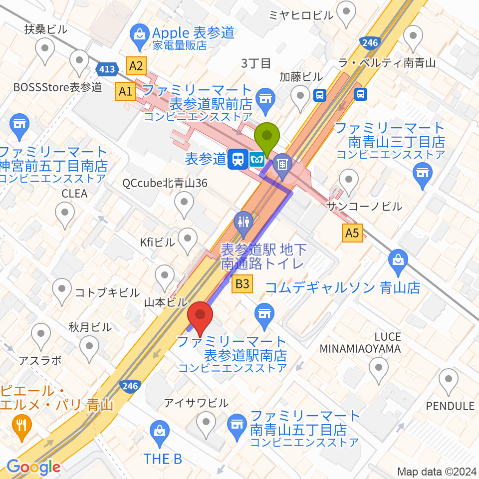 表参道スパイラルホールの最寄駅表参道駅からの徒歩ルート（約3分）地図