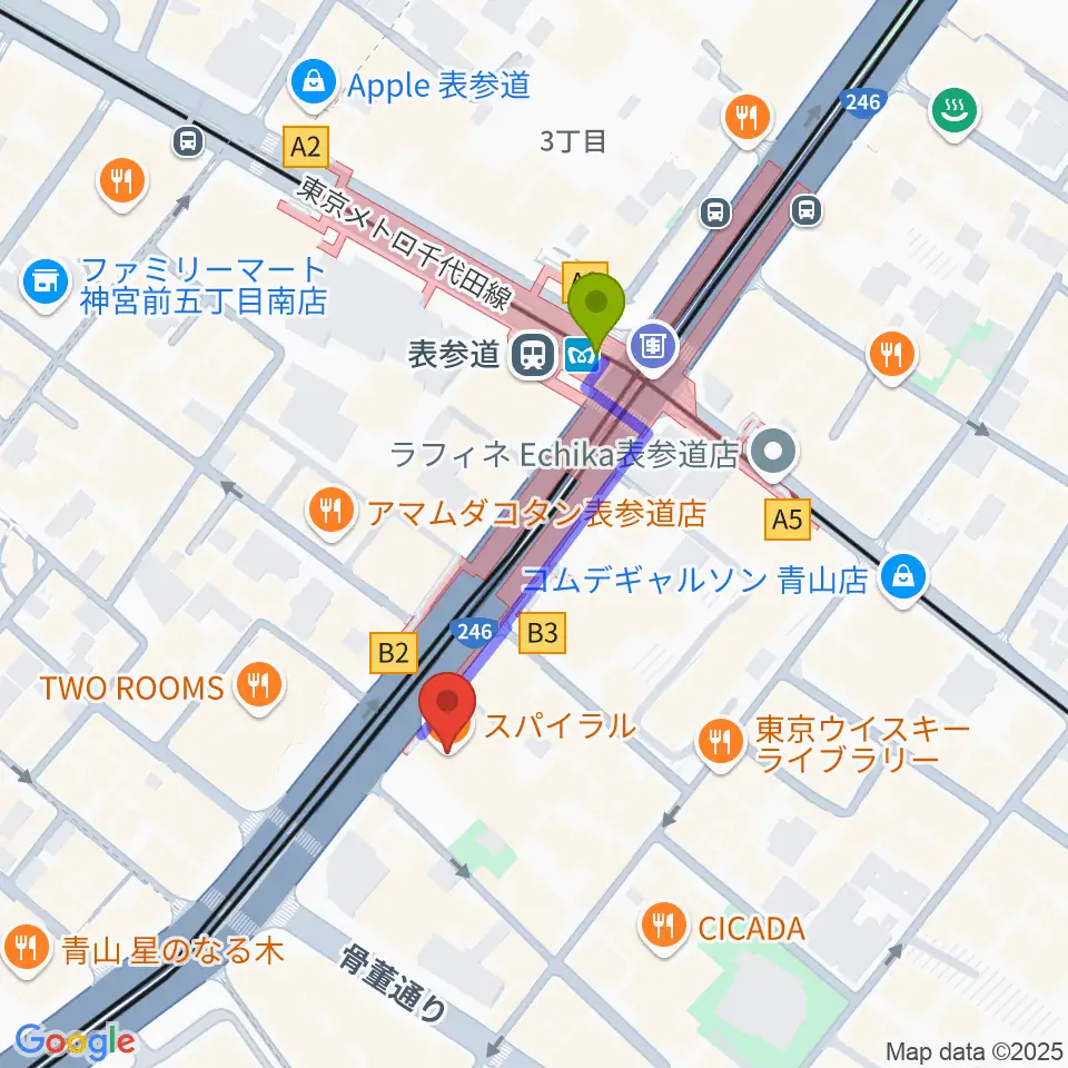 表参道スパイラルホールの最寄駅表参道駅からの徒歩ルート（約3分）地図