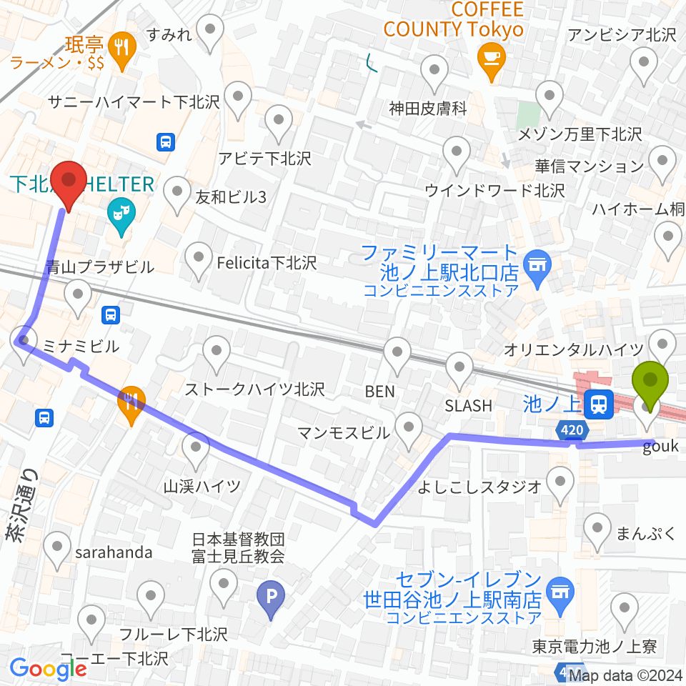 池ノ上駅から劇・小劇場へのルートマップ地図