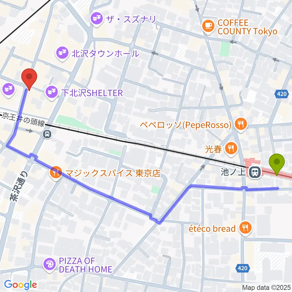 池ノ上駅から劇・小劇場へのルートマップ地図