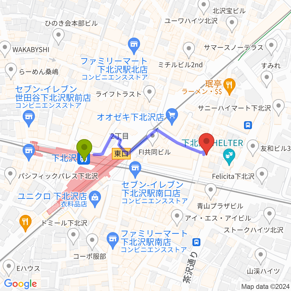 劇・小劇場の最寄駅下北沢駅からの徒歩ルート（約3分）地図