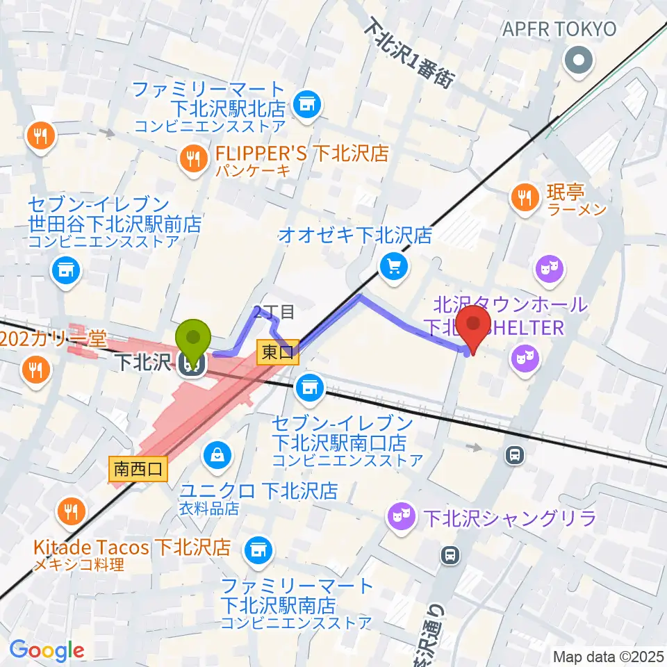 劇・小劇場の最寄駅下北沢駅からの徒歩ルート（約3分）地図