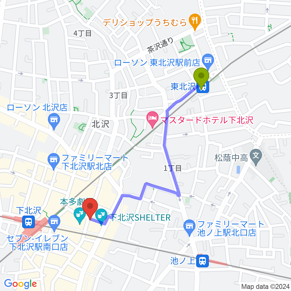 東北沢駅から劇・小劇場へのルートマップ地図