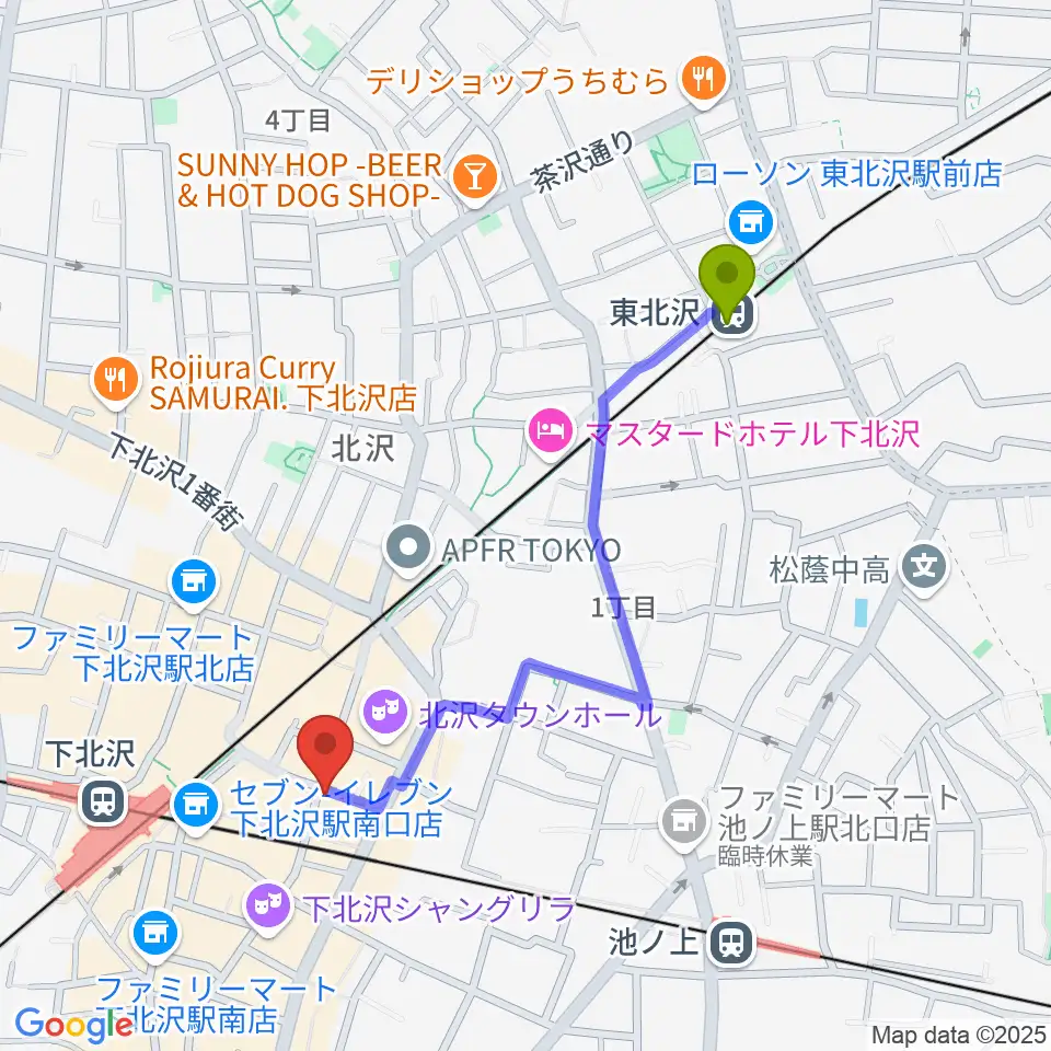 東北沢駅から劇・小劇場へのルートマップ地図