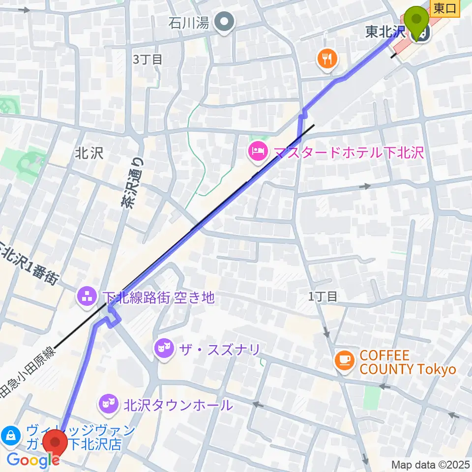 東北沢駅から劇・小劇場へのルートマップ地図