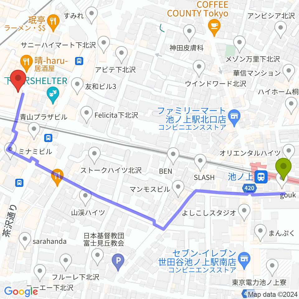 池ノ上駅から小劇場楽園へのルートマップ地図