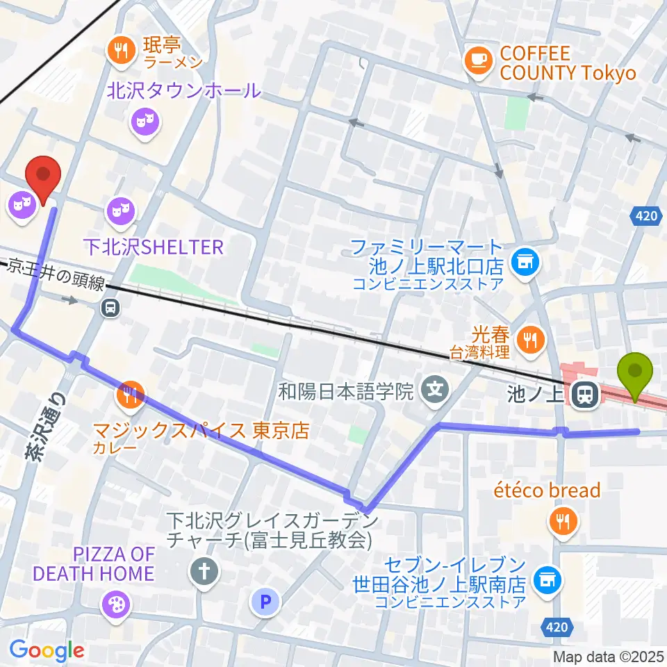 池ノ上駅から小劇場楽園へのルートマップ地図