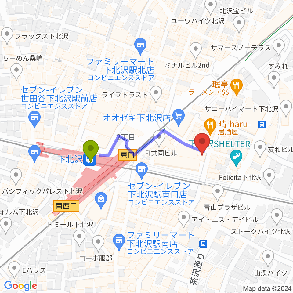 小劇場楽園の最寄駅下北沢駅からの徒歩ルート（約3分）地図