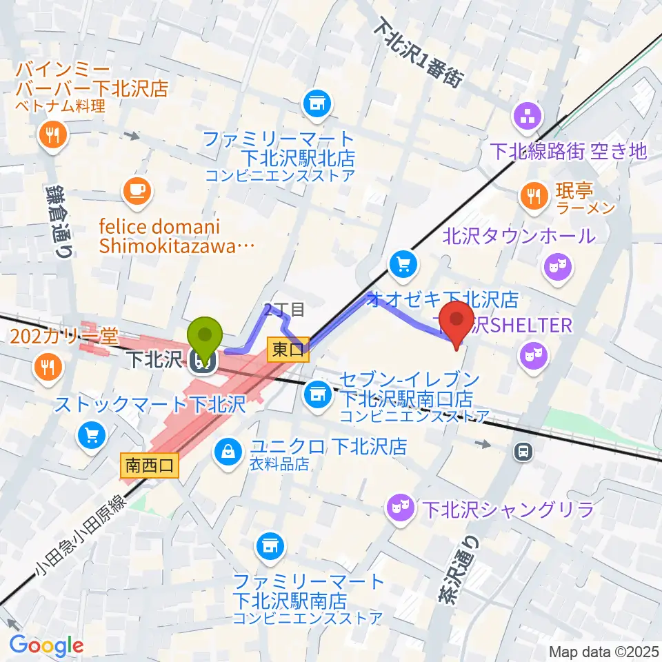 小劇場楽園の最寄駅下北沢駅からの徒歩ルート（約3分）地図