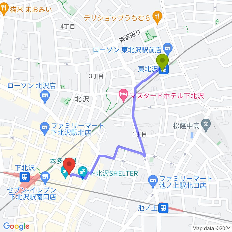 東北沢駅から小劇場楽園へのルートマップ地図