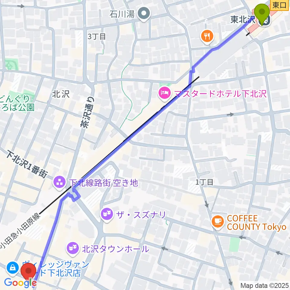 東北沢駅から小劇場楽園へのルートマップ地図