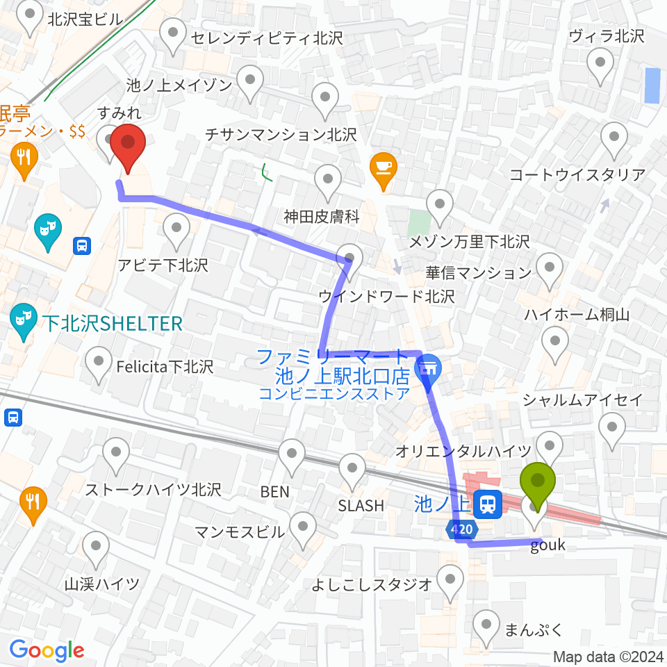 池ノ上駅からシアター711へのルートマップ地図
