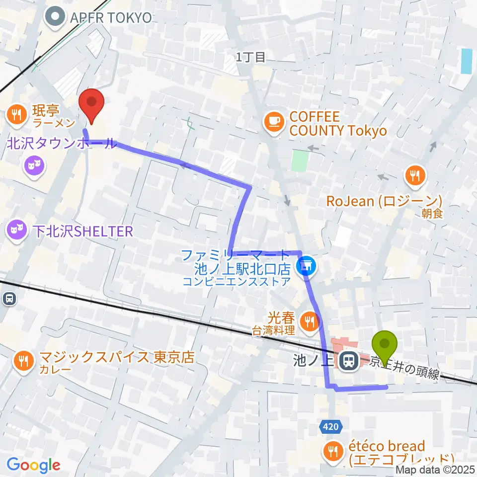 池ノ上駅からシアター711へのルートマップ地図