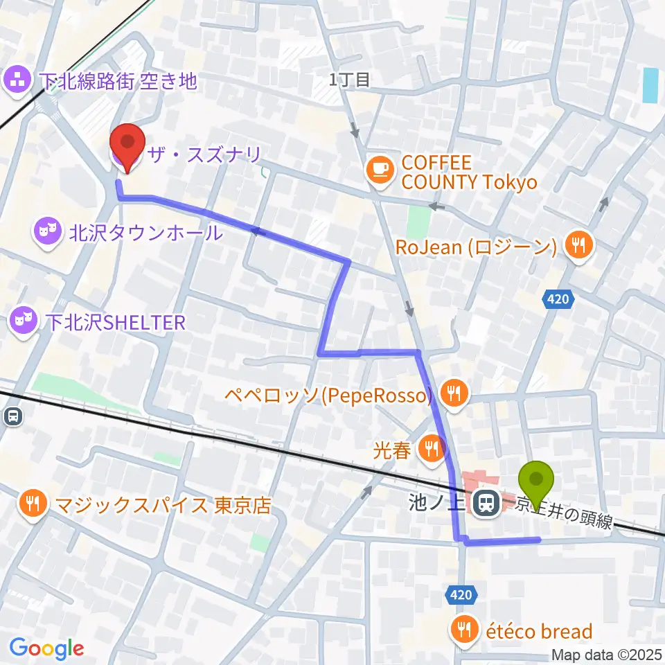 池ノ上駅からシアター711へのルートマップ地図