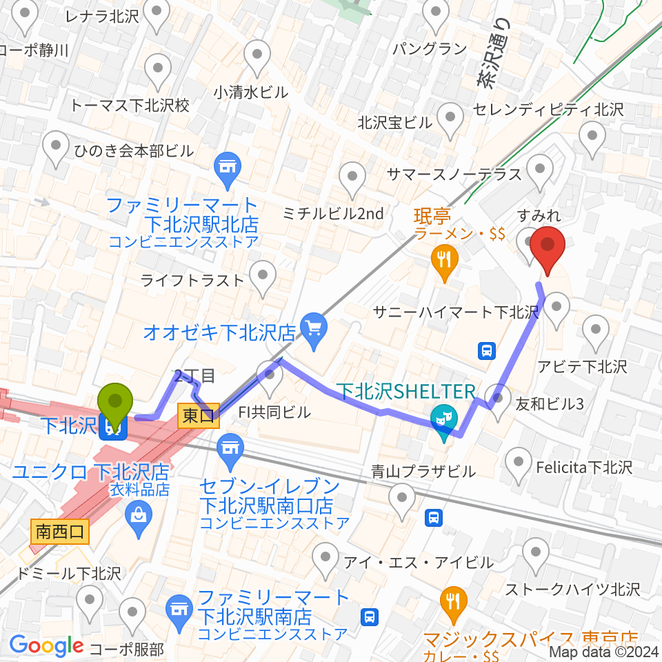 シアター711の最寄駅下北沢駅からの徒歩ルート（約5分）地図
