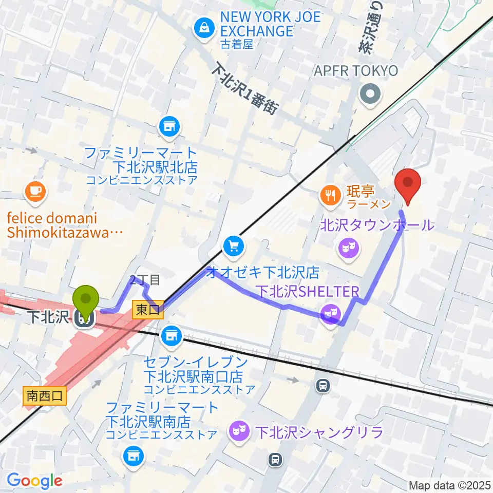 シアター711の最寄駅下北沢駅からの徒歩ルート（約5分）地図