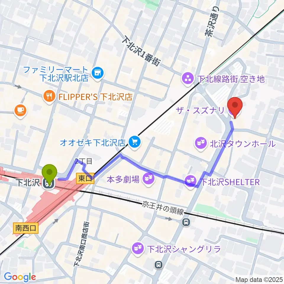 シアター711の最寄駅下北沢駅からの徒歩ルート（約5分）地図