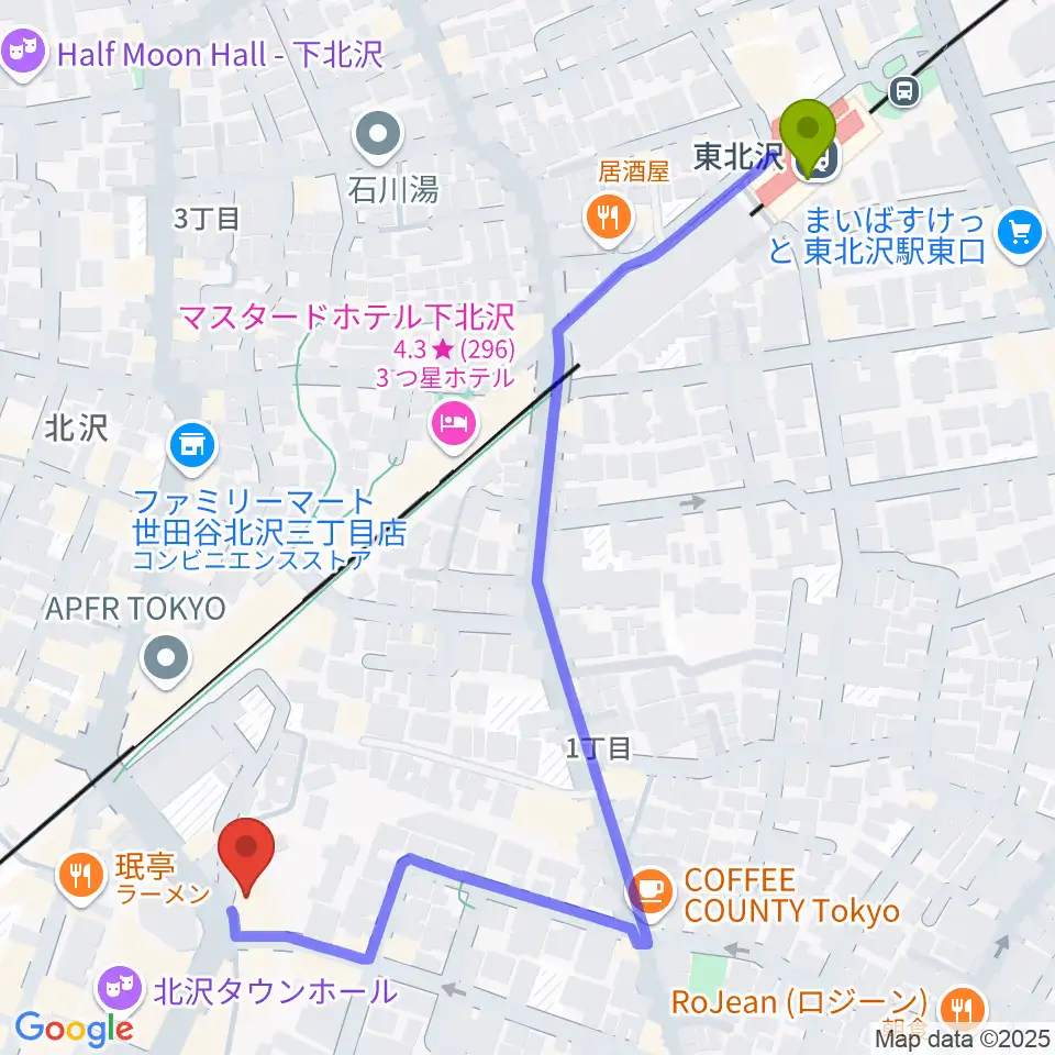 東北沢駅からシアター711へのルートマップ地図