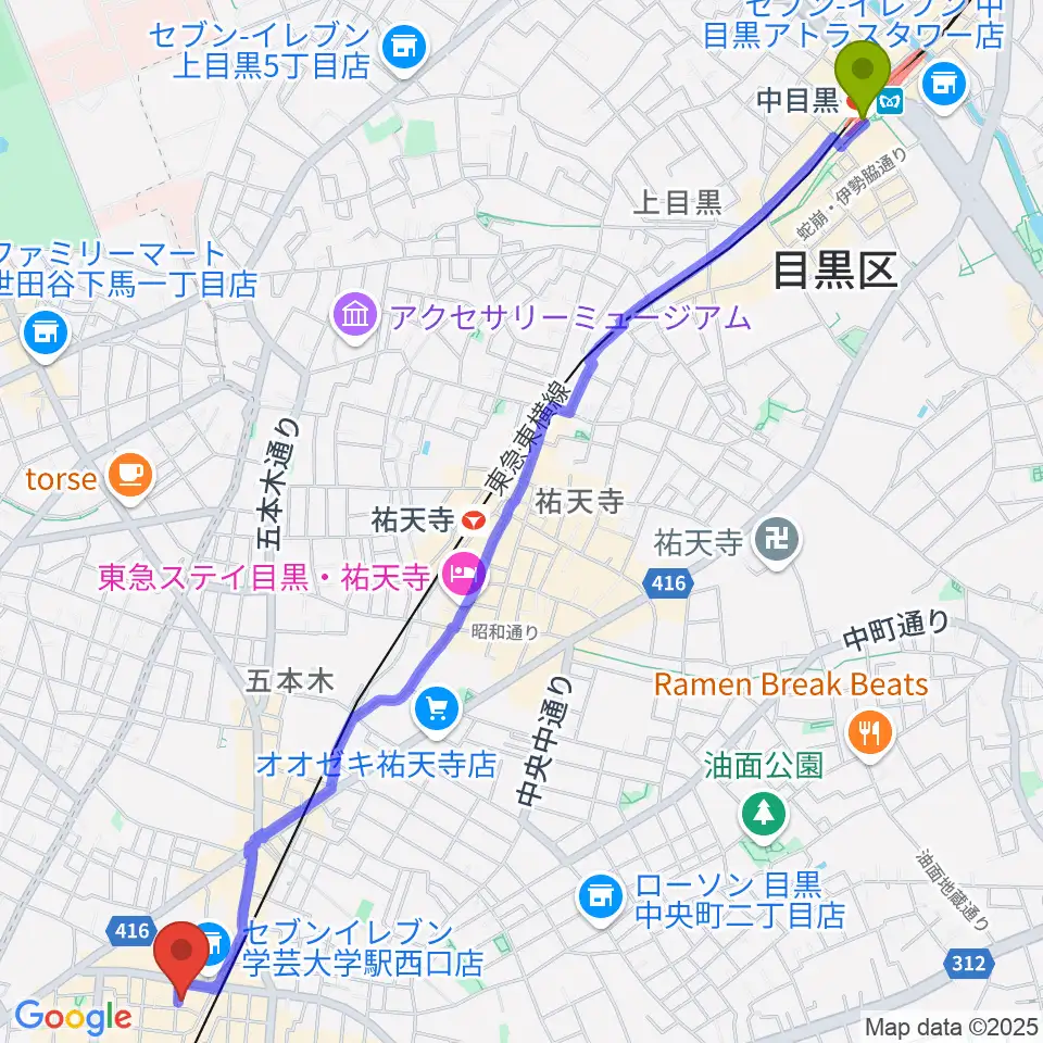 中目黒駅から千本桜ホールへのルートマップ地図