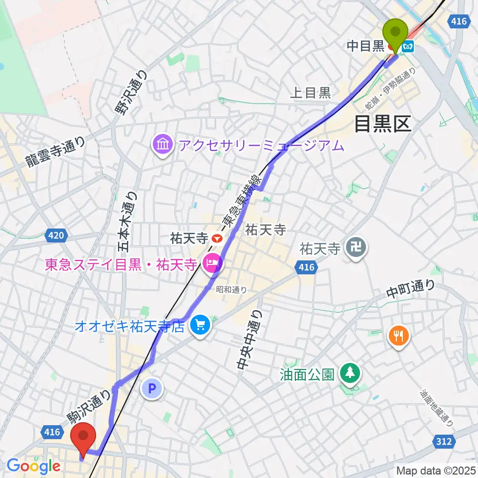 中目黒駅から千本桜ホールへのルートマップ地図