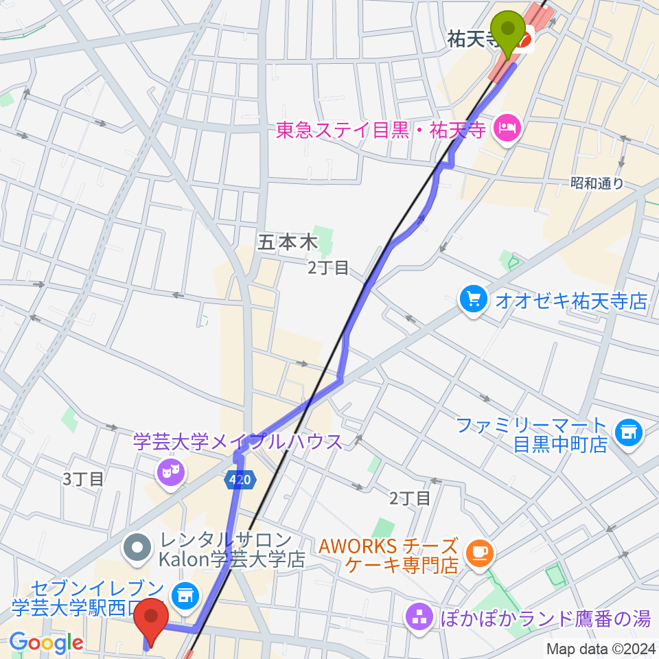 祐天寺駅から千本桜ホールへのルートマップ地図