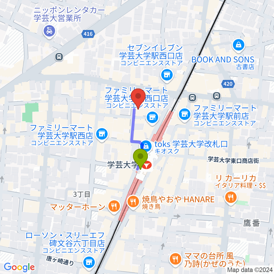 千本桜ホールの最寄駅学芸大学駅からの徒歩ルート（約2分）地図