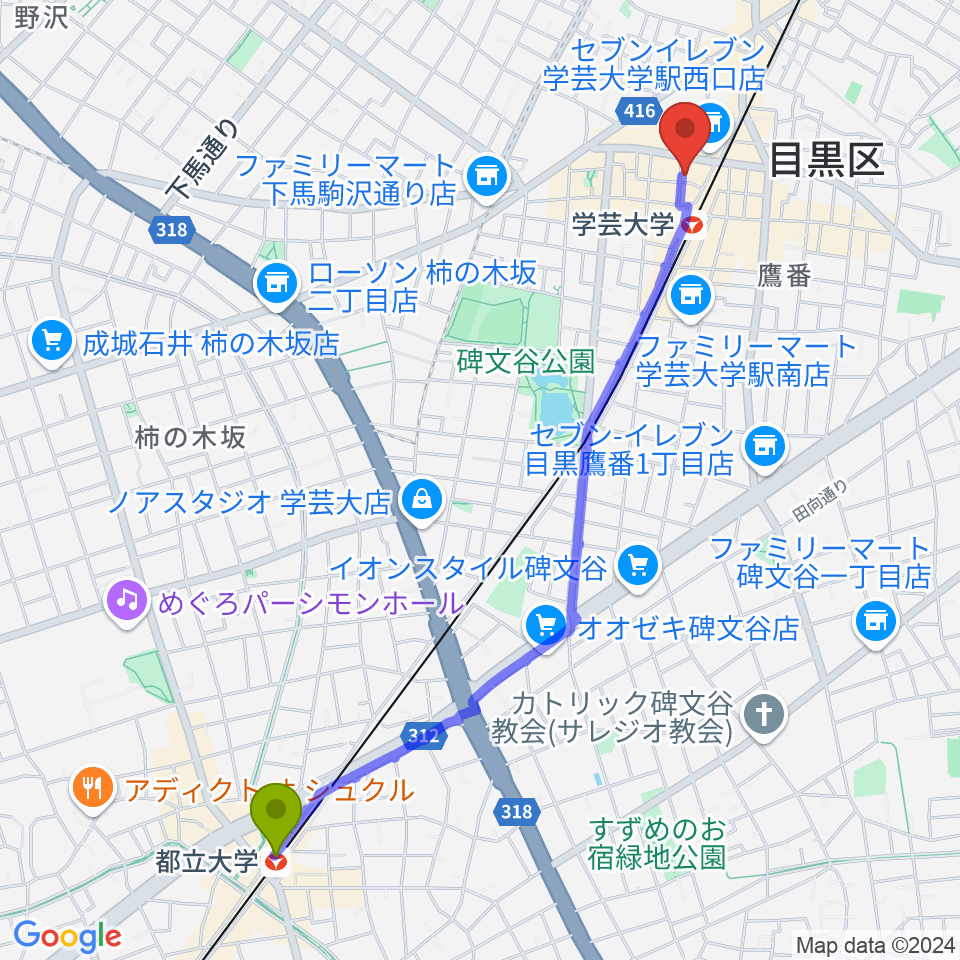 都立大学駅から千本桜ホールへのルートマップ地図